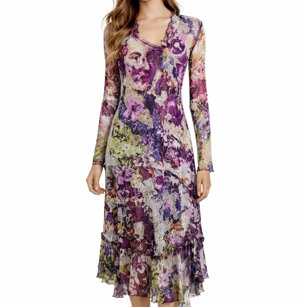 Jean Paul Gaultier 1998 Frida Kahlo Collection Purple Print Mesh Midi Dress RARE